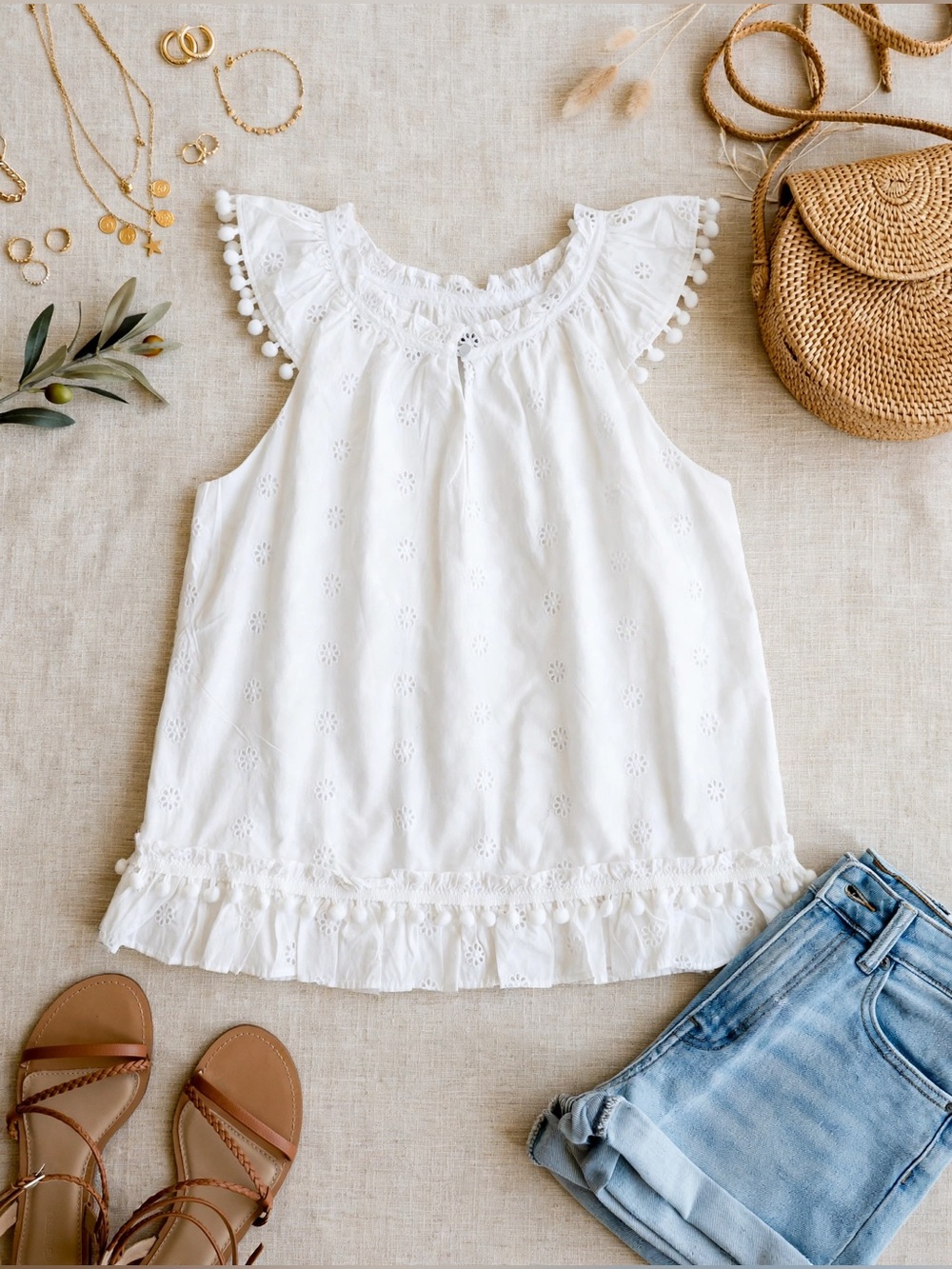 J. Crew White Eyelet Buttoned Ruffle Top
